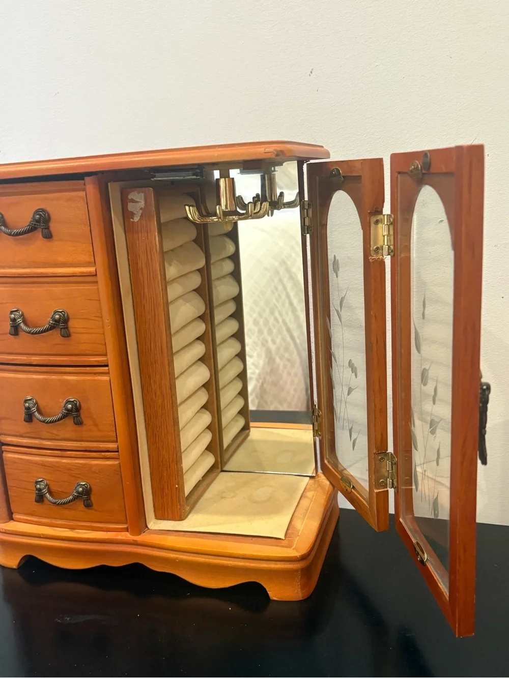 Vintage Wooden Jewelry Box with Glass Door with Four Boxes